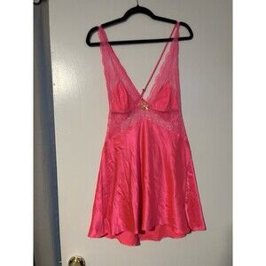 Victorias Secret Hot Pink‎ Satin Lace Slip Dress Crossback Negligee Bow
